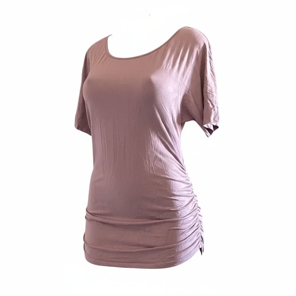 Women's Fitted Pink Ruched Tee Scoop Neck Casual & Comfy Soft Stretch Basic Top - Picture 6 of 8